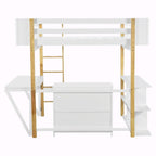 Lit mezzanine blanc/gris avec meuble de rangement et bureau pliable, 1 personne, double/simple