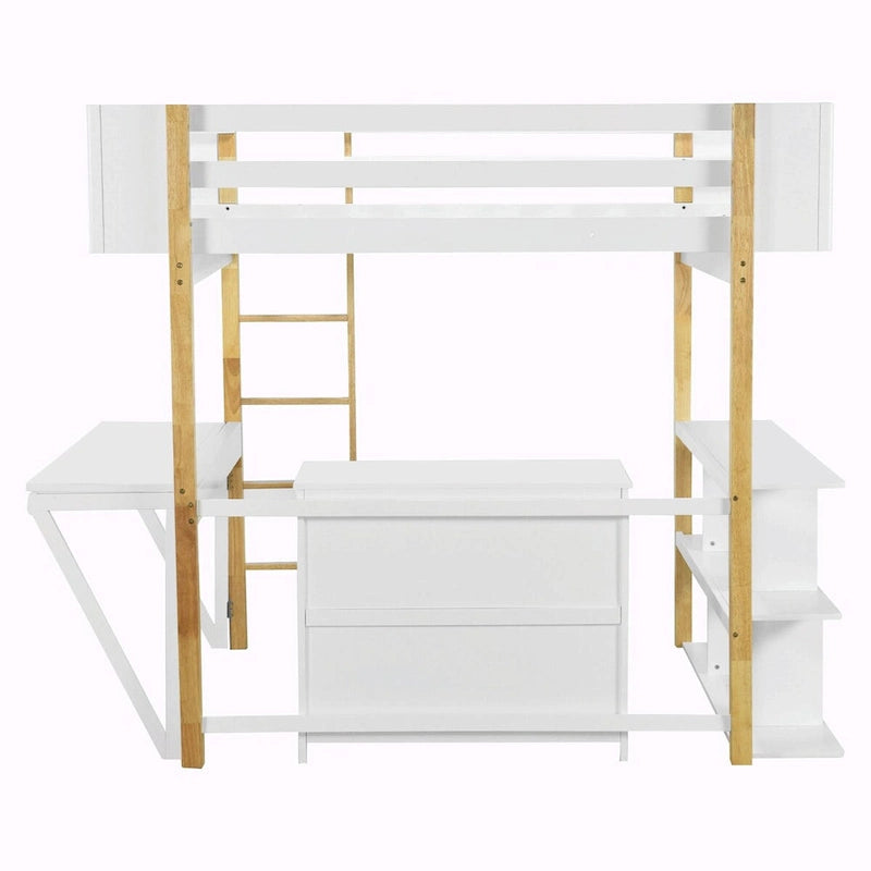 Lit mezzanine blanc/gris avec meuble de rangement et bureau pliable, 1 personne, double/simple