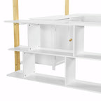 Lit mezzanine blanc/gris avec meuble de rangement et bureau pliable, 1 personne, double/simple