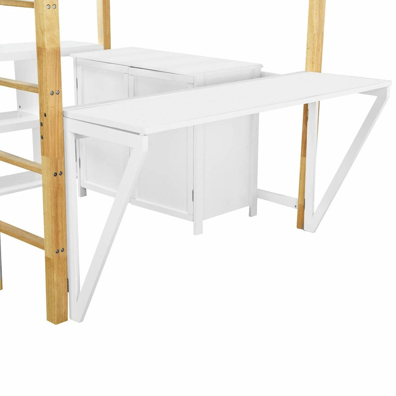 Lit mezzanine blanc/gris avec meuble de rangement et bureau pliable, 1 personne, double/simple