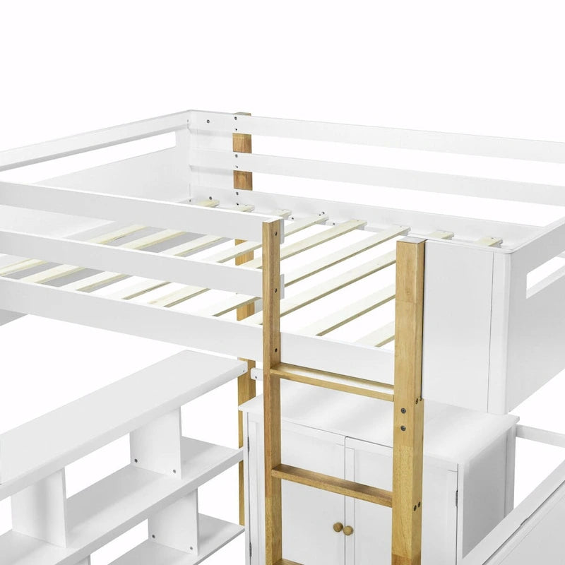 Lit mezzanine blanc/gris avec meuble de rangement et bureau pliable, 1 personne, double/simple