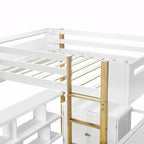 Lit mezzanine blanc/gris avec meuble de rangement et bureau pliable, 1 personne, double/simple
