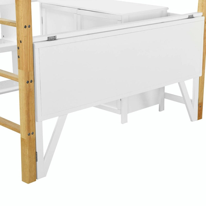Lit mezzanine blanc/gris avec meuble de rangement et bureau pliable, 1 personne, double/simple