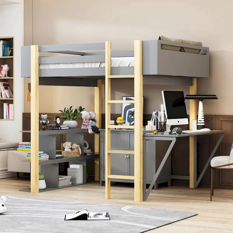 Lit mezzanine blanc/gris avec meuble de rangement et bureau pliable, 1 personne, double/simple