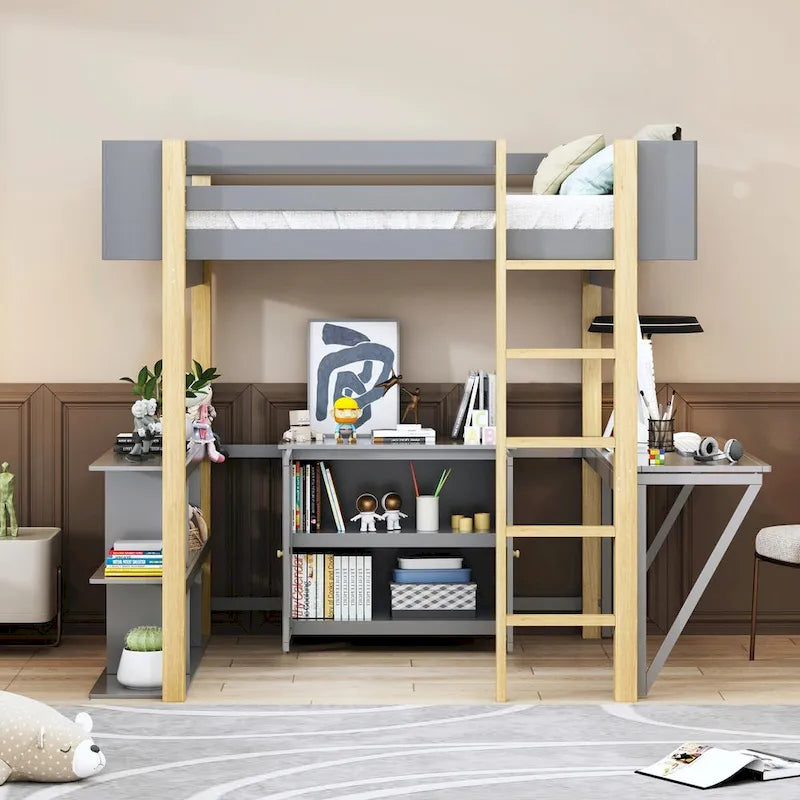 Lit mezzanine blanc/gris avec meuble de rangement et bureau pliable, 1 personne, double/simple
