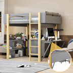 Lit mezzanine blanc/gris avec meuble de rangement et bureau pliable, 1 personne, double/simple