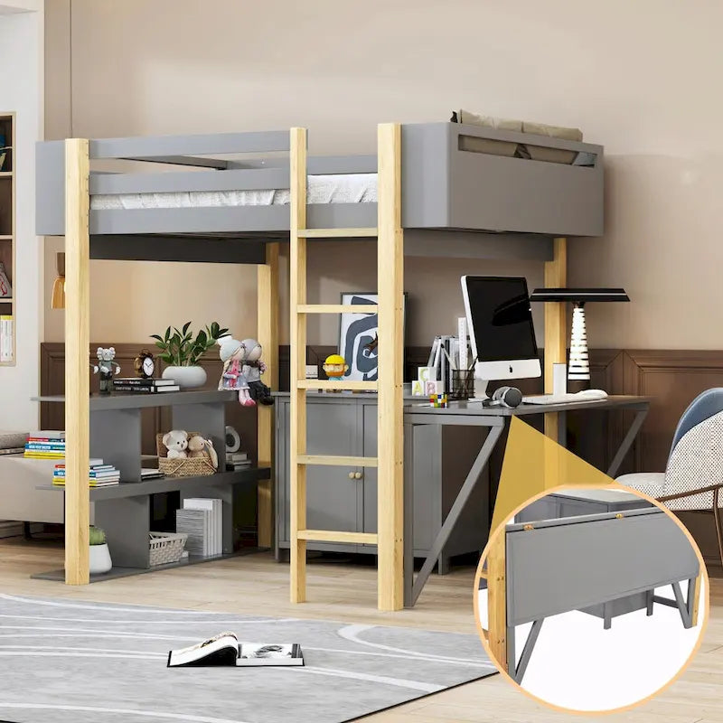 Lit mezzanine blanc/gris avec meuble de rangement et bureau pliable, 1 personne, double/simple