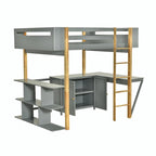 Lit mezzanine blanc/gris avec meuble de rangement et bureau pliable, 1 personne, double/simple