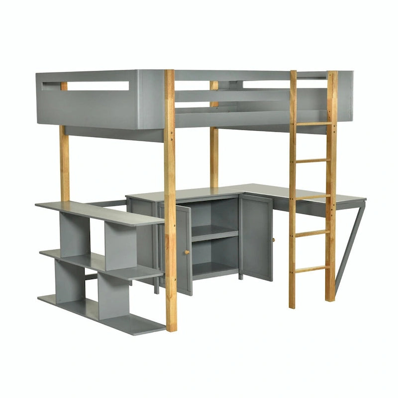 Lit mezzanine blanc/gris avec meuble de rangement et bureau pliable, 1 personne, double/simple
