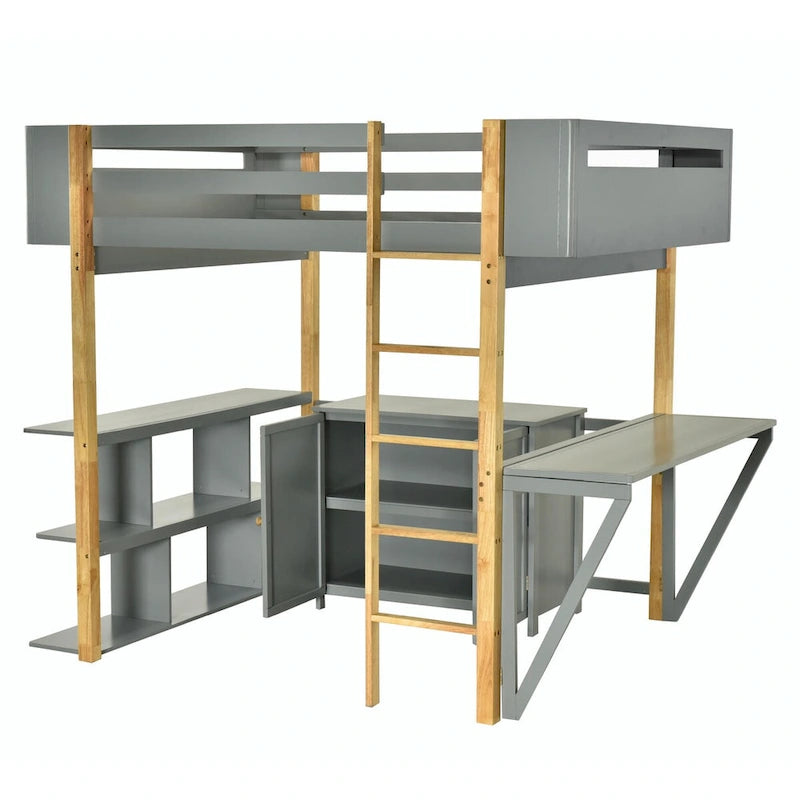 Lit mezzanine blanc/gris avec meuble de rangement et bureau pliable, 1 personne, double/simple
