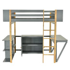 Lit mezzanine blanc/gris avec meuble de rangement et bureau pliable, 1 personne, double/simple
