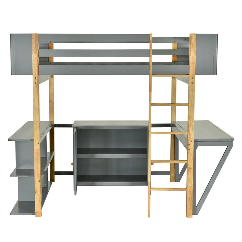 Lit mezzanine blanc/gris avec meuble de rangement et bureau pliable, 1 personne, double/simple