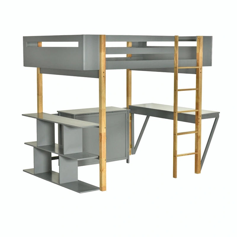 Lit mezzanine blanc/gris avec meuble de rangement et bureau pliable, 1 personne, double/simple