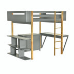 Lit mezzanine blanc/gris avec meuble de rangement et bureau pliable, 1 personne, double/simple