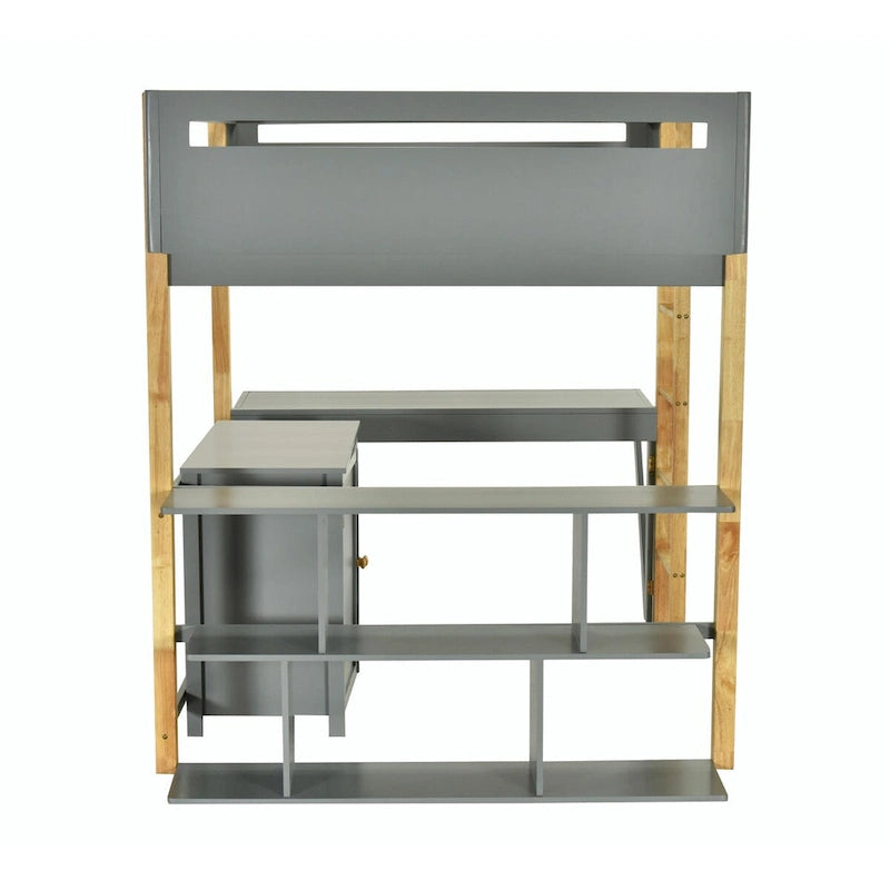 Lit mezzanine blanc/gris avec meuble de rangement et bureau pliable, 1 personne, double/simple