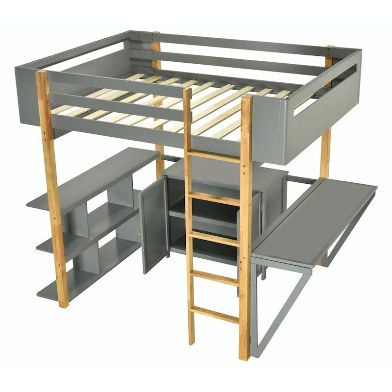 Lit mezzanine blanc/gris avec meuble de rangement et bureau pliable, 1 personne, double/simple