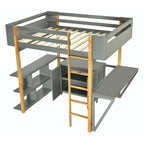Lit mezzanine blanc/gris avec meuble de rangement et bureau pliable, 1 personne, double/simple