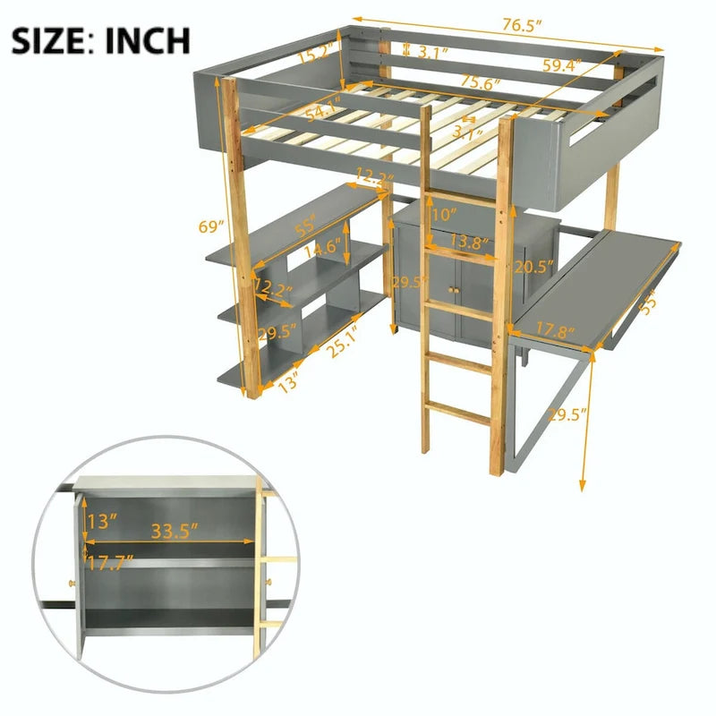 Lit mezzanine blanc/gris avec meuble de rangement et bureau pliable, 1 personne, double/simple