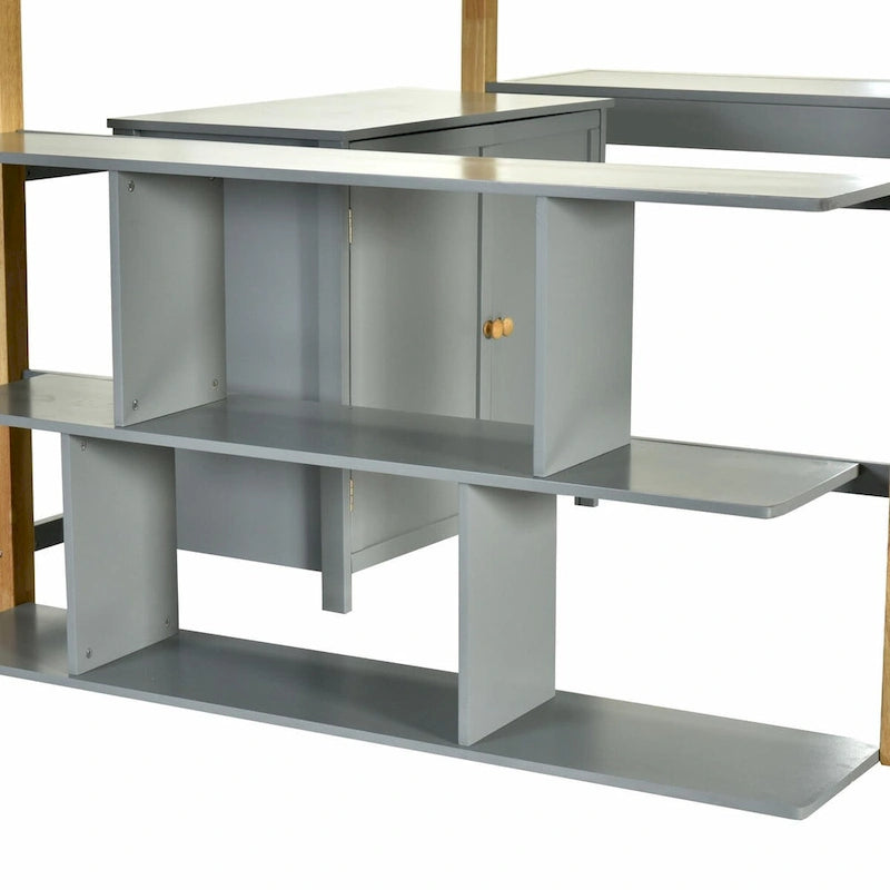Lit mezzanine blanc/gris avec meuble de rangement et bureau pliable, 1 personne, double/simple