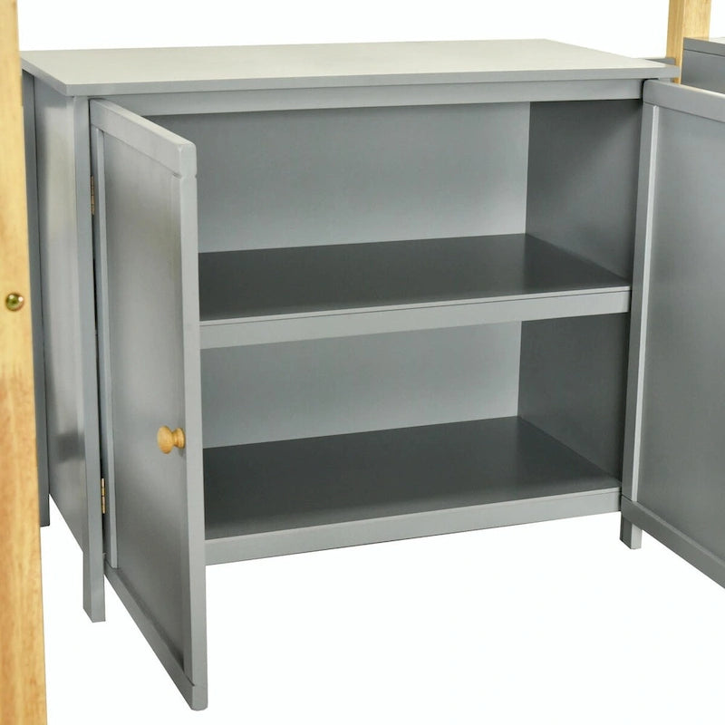 Lit mezzanine blanc/gris avec meuble de rangement et bureau pliable, 1 personne, double/simple