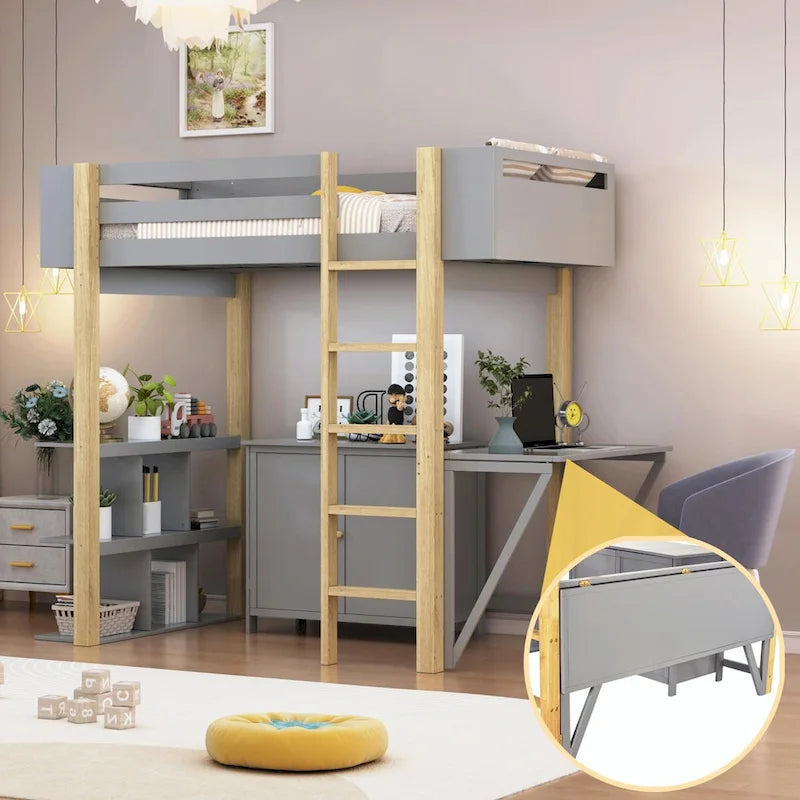 Lit mezzanine blanc/gris avec meuble de rangement et bureau pliable, 1 personne, double/simple