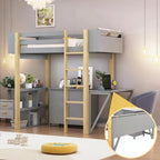 Lit mezzanine blanc/gris avec meuble de rangement et bureau pliable, 1 personne, double/simple