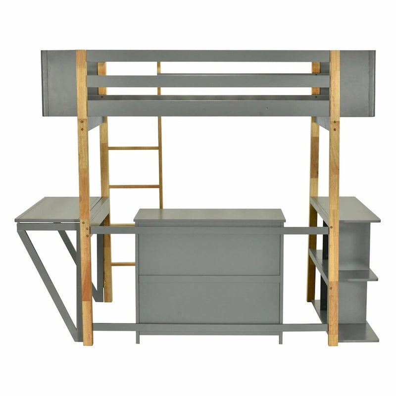 Lit mezzanine blanc/gris avec meuble de rangement et bureau pliable, 1 personne, double/simple