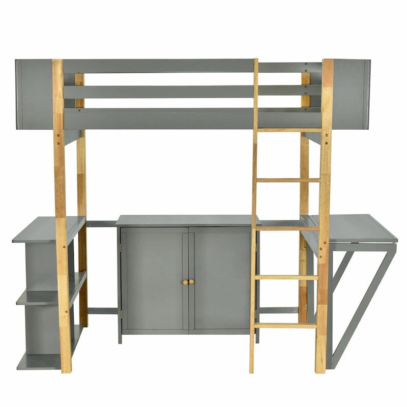 Lit mezzanine blanc/gris avec meuble de rangement et bureau pliable, 1 personne, double/simple