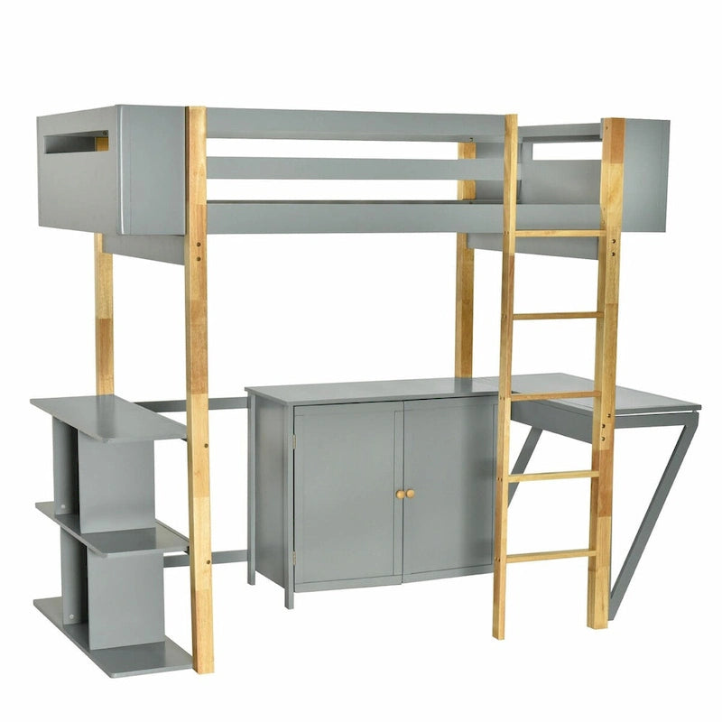 Lit mezzanine blanc/gris avec meuble de rangement et bureau pliable, 1 personne, double/simple