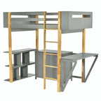 Lit mezzanine blanc/gris avec meuble de rangement et bureau pliable, 1 personne, double/simple