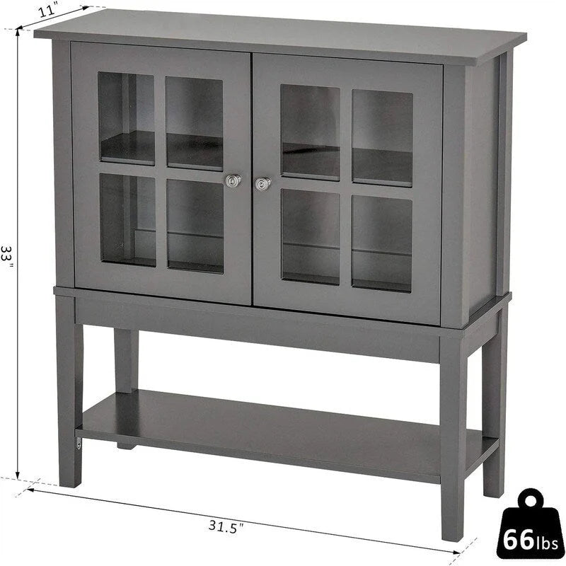 Buffet 2 portes avec plateau en verre trempé blanc / gris, rangement