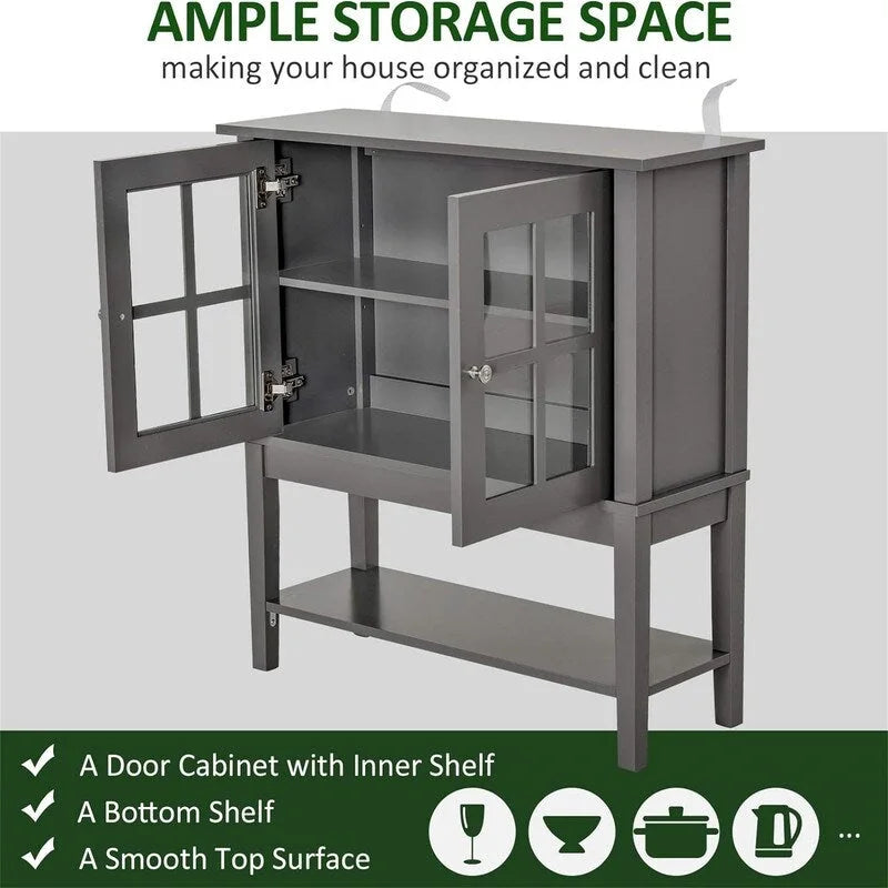 Buffet 2 portes avec plateau en verre trempé blanc / gris, rangement