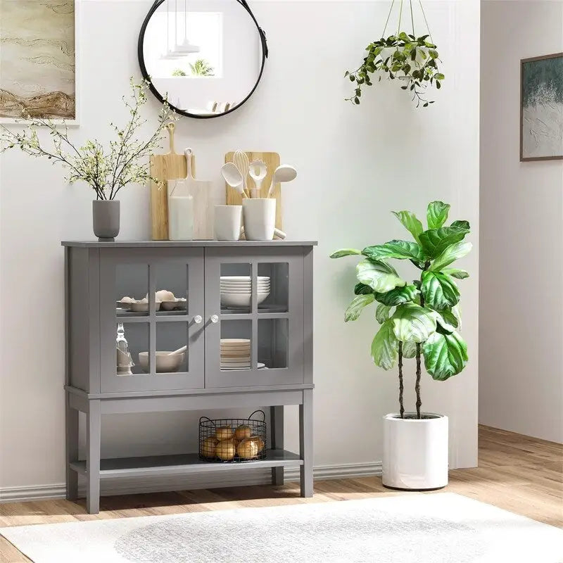 Buffet 2 portes avec plateau en verre trempé blanc / gris, rangement