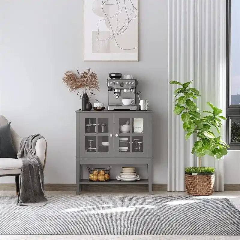 Buffet 2 portes avec plateau en verre trempé blanc / gris, rangement
