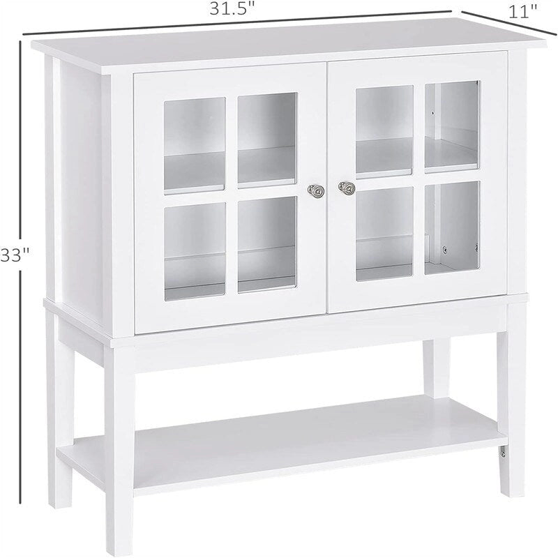 Buffet 2 portes avec plateau en verre trempé blanc / gris, rangement