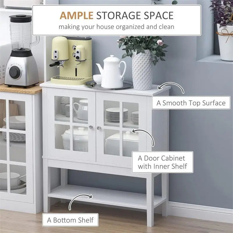 Buffet 2 portes avec plateau en verre trempé blanc / gris, rangement