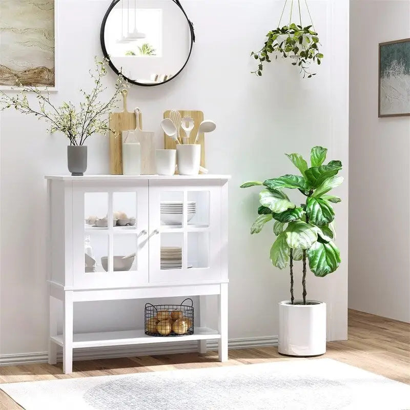 Buffet 2 portes avec plateau en verre trempé blanc / gris, rangement