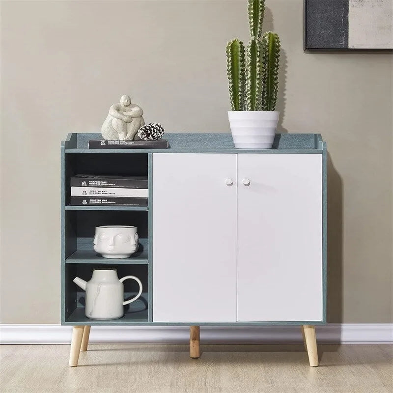 Bahut de rangement blanc/bleu avec porte et étagères, assemblage par 1 personne