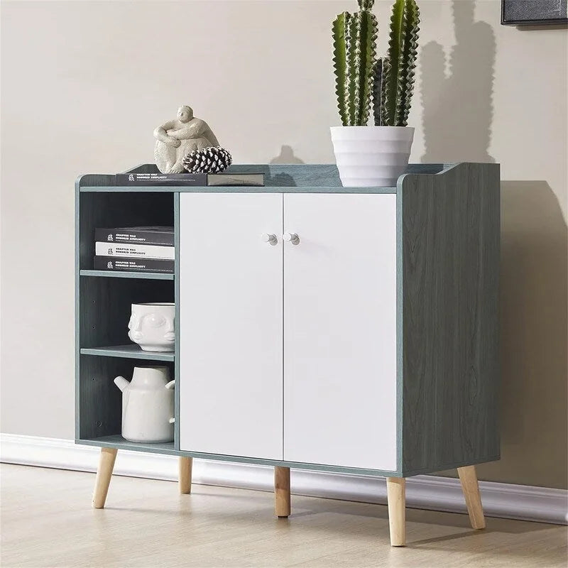 Bahut de rangement blanc/bleu avec porte et étagères, assemblage par 1 personne
