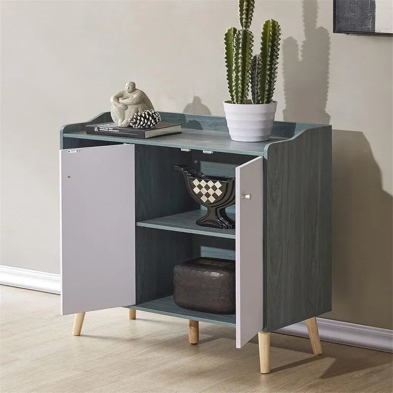 Bahut de rangement blanc/bleu avec porte et étagères, assemblage par 1 personne