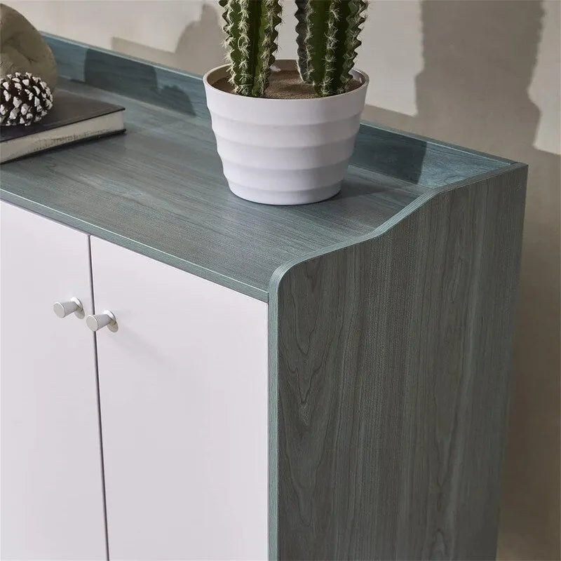 Bahut de rangement blanc/bleu avec porte et étagères, assemblage par 1 personne