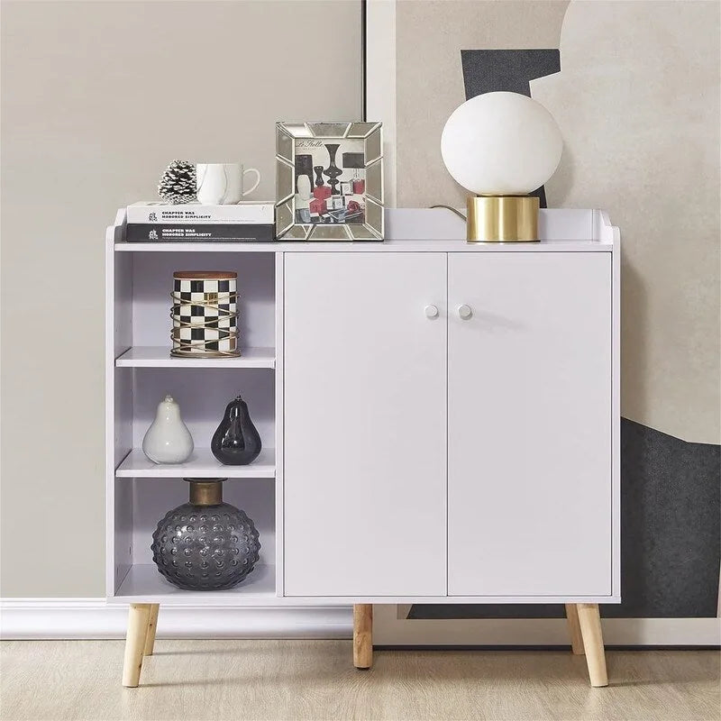 Bahut de rangement blanc/bleu avec porte et étagères, assemblage par 1 personne