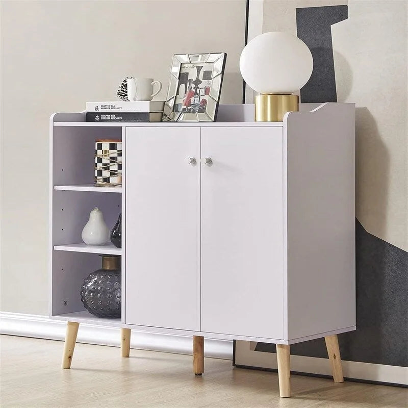 Bahut de rangement blanc/bleu avec porte et étagères, assemblage par 1 personne