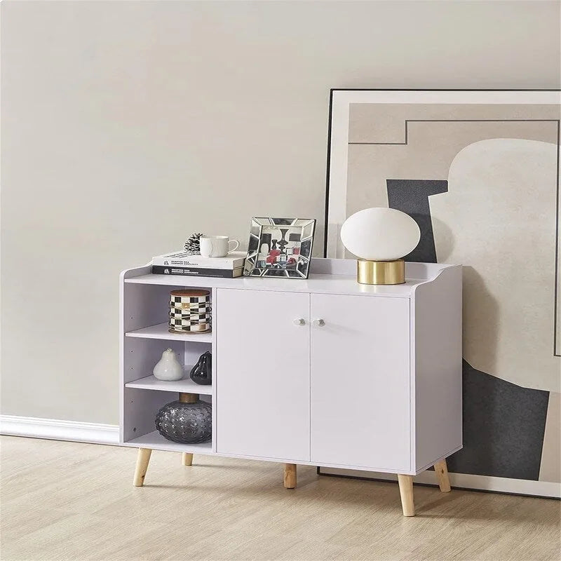 Bahut de rangement blanc/bleu avec porte et étagères, assemblage par 1 personne