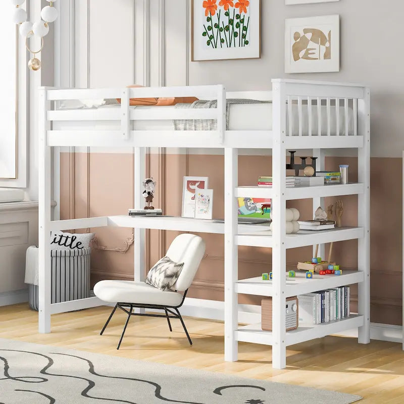 Gris / Blanc / Expresso, Lit mezzanine double avec bureau et étagères, 1 place
