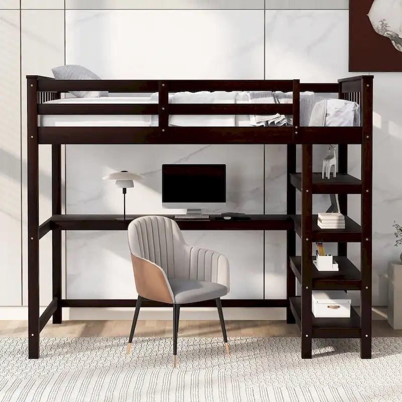 Gris / Blanc / Expresso, Lit mezzanine double avec bureau et étagères, 1 place