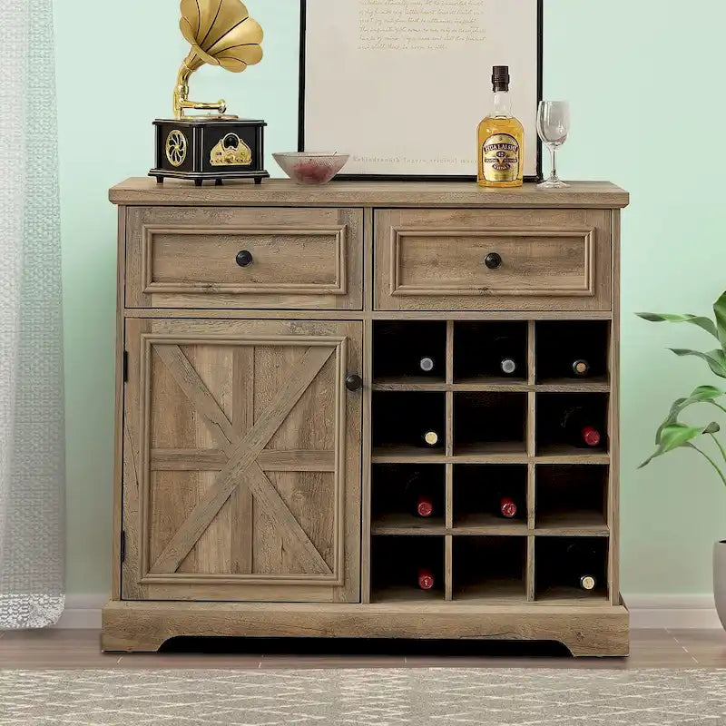 Buffet de style campagnard en bois, finition délavée grise ou espresso, avec porte-bouteilles – Assemblage par 1 personne