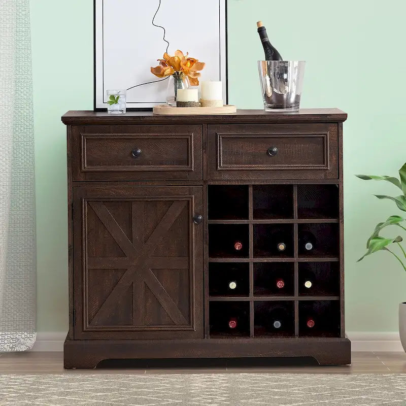 Buffet de style campagnard en bois, finition délavée grise ou espresso, avec porte-bouteilles – Assemblage par 1 personne