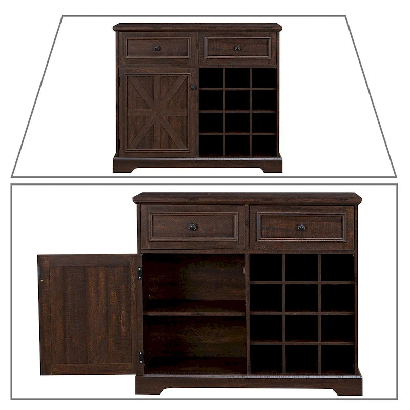 Buffet de style campagnard en bois, finition délavée grise ou espresso, avec porte-bouteilles – Assemblage par 1 personne