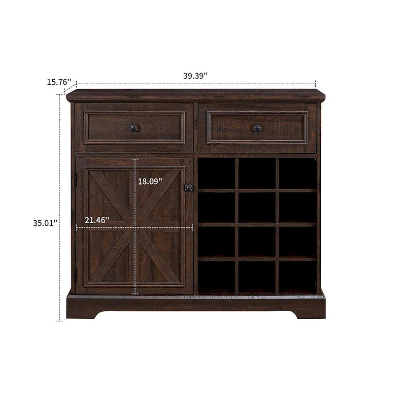Buffet de style campagnard en bois, finition délavée grise ou espresso, avec porte-bouteilles – Assemblage par 1 personne